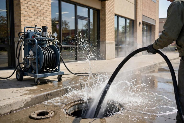 Hydro jetting equipment cleaning a drain line in Newark, CA