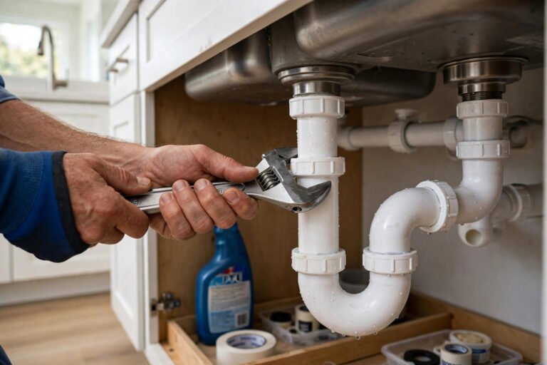 Plumber repairing kitchen sink drain pipes in Newark, CA